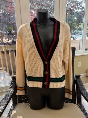 Signature8 Cream Cable Knit Cardigan with Black, Red, Green & Yellow Trim